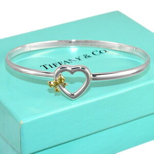 Tiffany Heart Bow Ribbon Bangle Bracelet Silver yellow gold CO